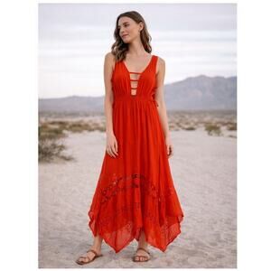 Free People FP One Orange S Boho Maxi Dress Crochet Gauze Asymmetrical Festival